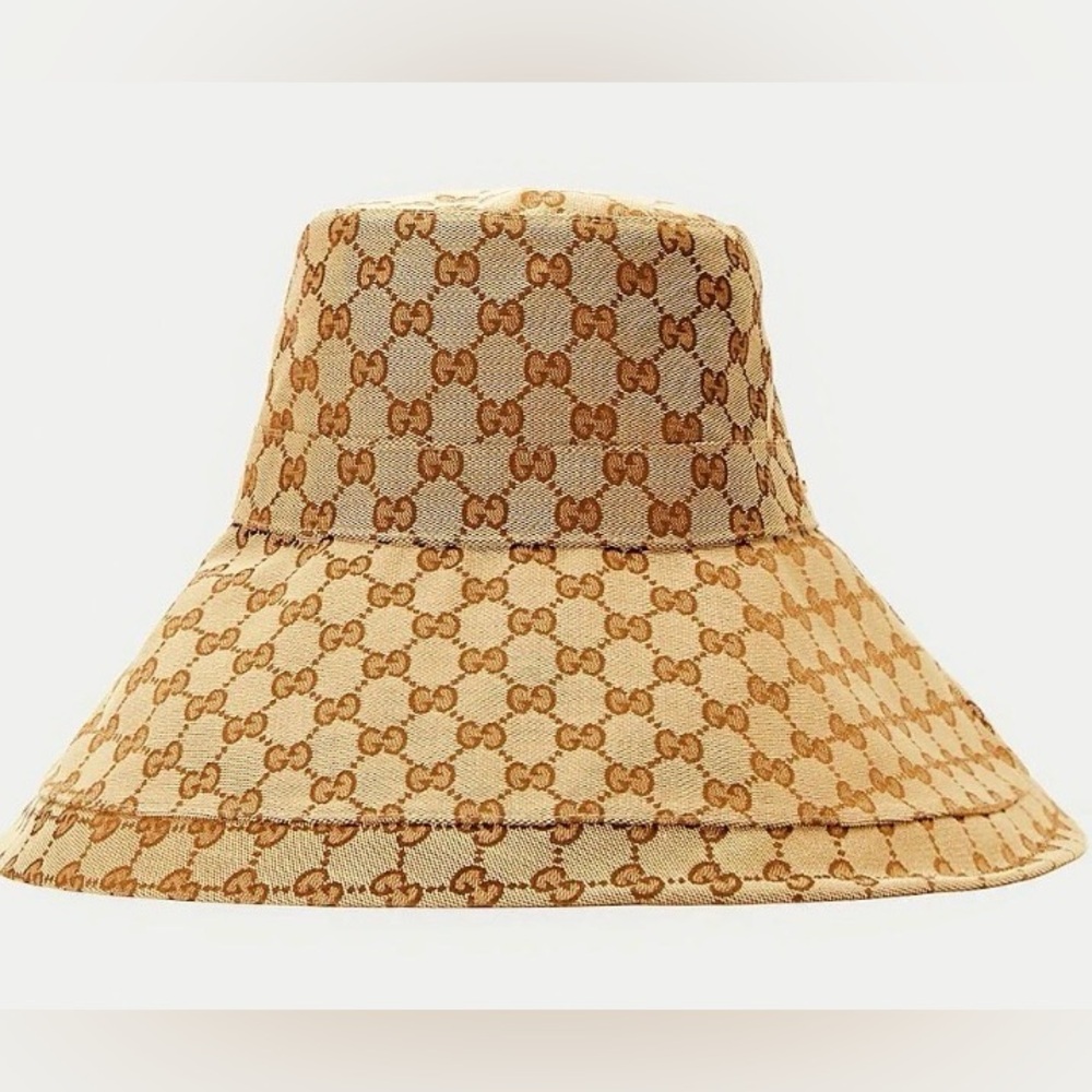 Beige Monogram Bucket Hat Wide Large Brim Tan Canvas Jacquard Sun Coverage - Picture 12 of 16